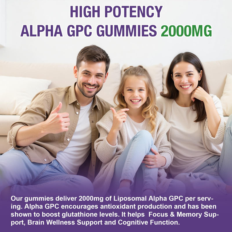 Liposomal Alpha GPC 2000mg & Citicoline Gummies Complex Phosphatidylserine,Ginkgo Biloba,L-Tyrosine,Huperzine A & B Vitamins,20-in-1 Blend for Focus, Memory & Cognitive Support 60 Count (Pack of 1)