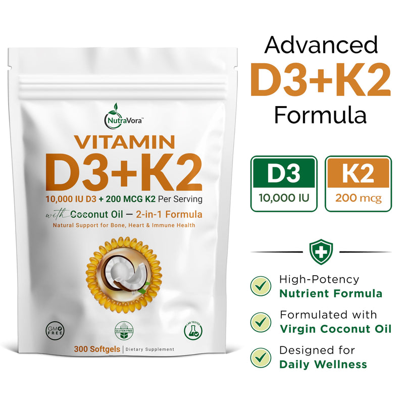 Vitamin D3 K2, 10,000 IU D3 + 200 mcg K2 MK-7, 300 Softgels | 10,000 IU Vitamin D3 + 200 mcg Vitamin K2 MK-7 per serving; Enhanced with Coconut Oil; Non-GMO, Gluten-Free