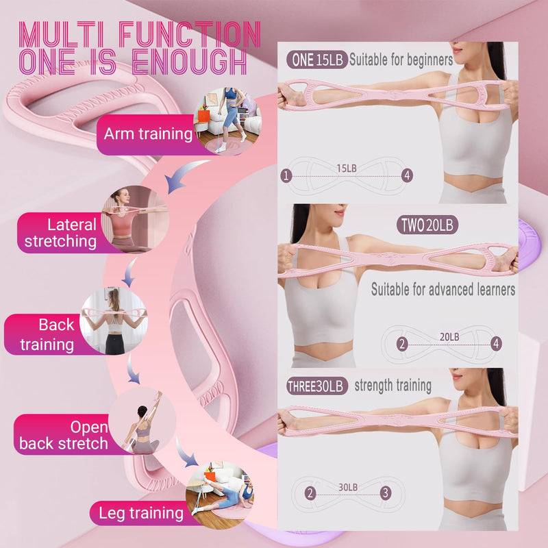 Figure 8 Resistance Band, Upgraded Full Body Training Multi-Function Design, Women's Multi-Function Resistance Band, Anti-Skid handleportable, Ideal for Yoga and Pilates Stretching Exercises Pink+Blue