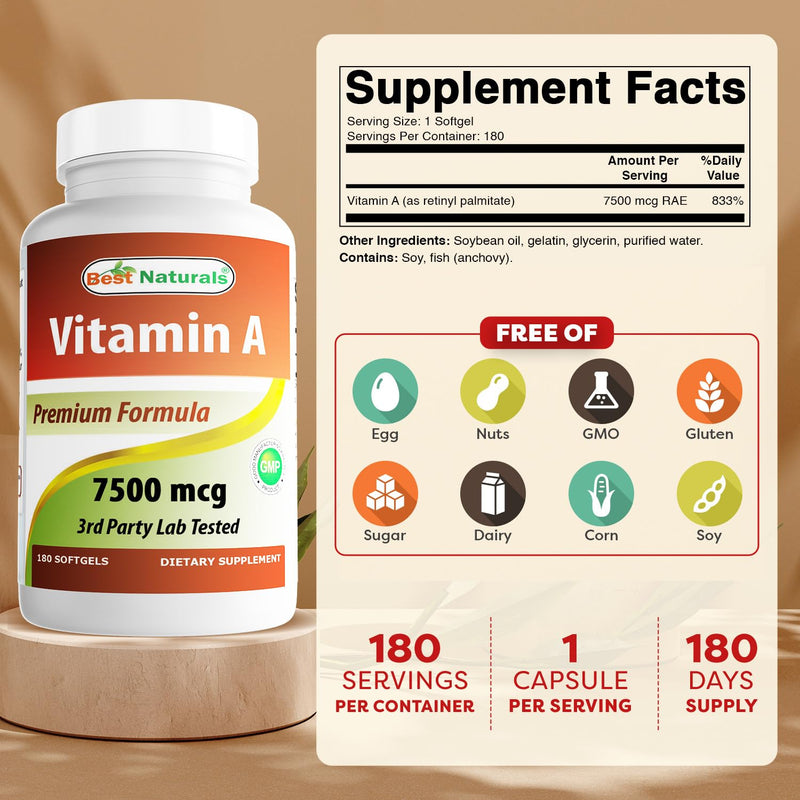 Best Naturals Vitamin A 25000 IU (7500 mcg), Non-GMO Formula Supports Healthy Vision & Immune System and Healthy Growth & Reproduction, 180 Softgels (180 Count (Pack of 1)) 180 Count (Pack of 1)