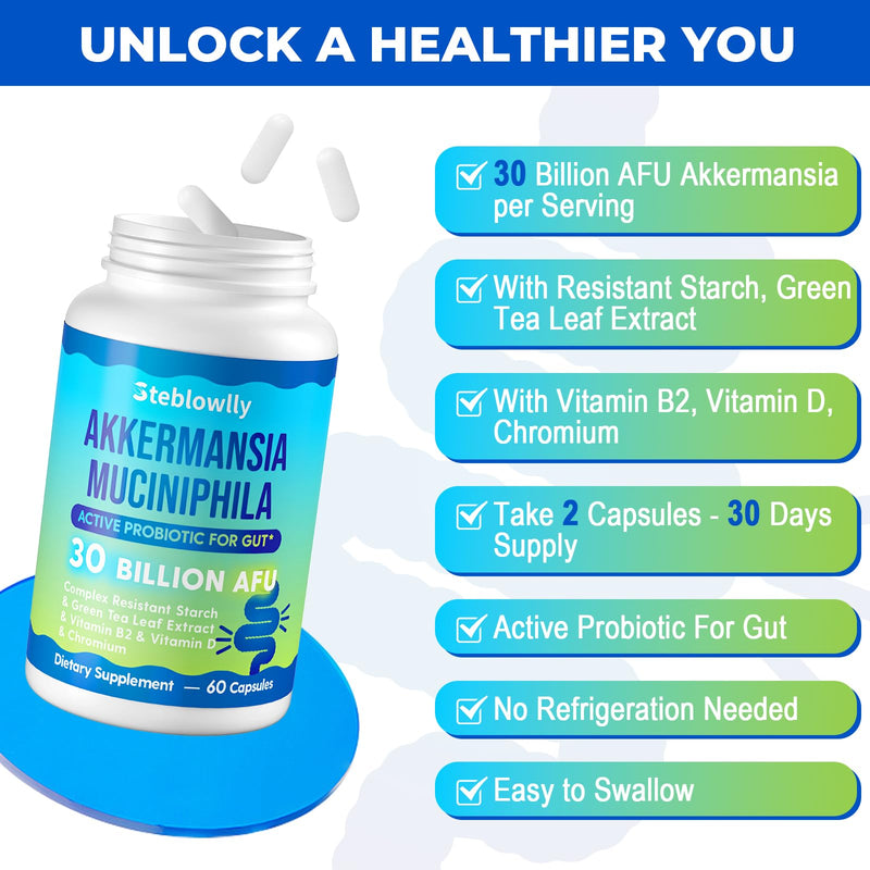 Akkermansia, Akkermansia Muciniphila for Gut Health, Metabolic*, 60 Caps | Akkermansia Probiotics for Women & Men, with Chromium, Green Tea Leaf, B2 - for Digestive Health & Immune