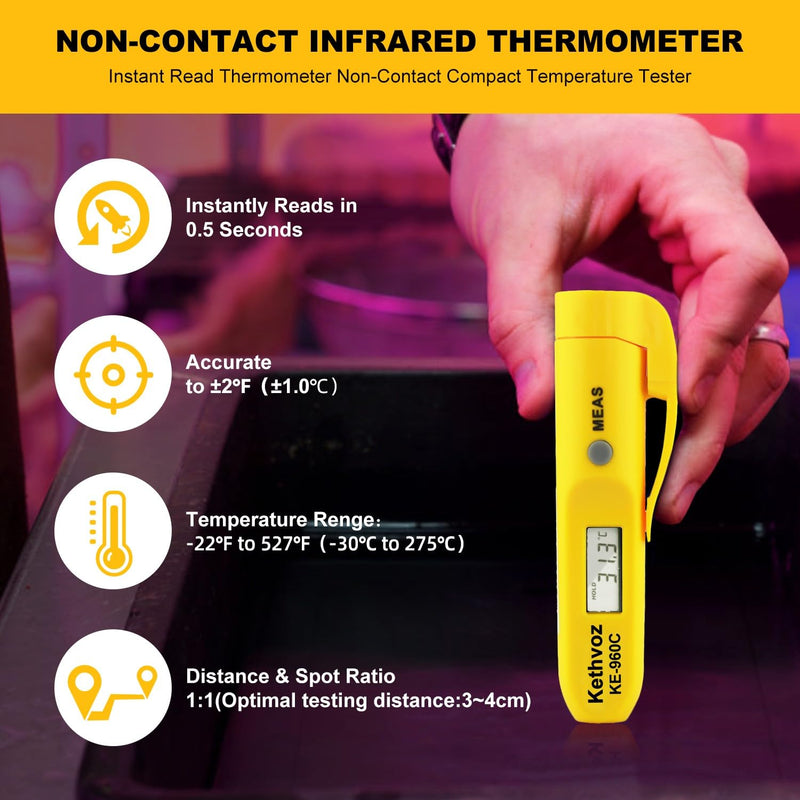 Non Contact Infrared Food Thermometer, Digital IR Laser Thermometer Pen for Cooking, -22°F to 527°F Instant Read, No Touch Safe Hygienic for Meat, Grill, Candy, Wine, Baby Milk (2-Pack)