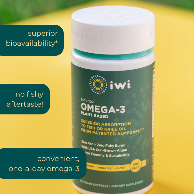 Iwi Omega-3 Essential, 30 Softgels (30 Servings), Plant-Based Algae Omega 3 with EPA + DHA, Brain, Heart & Immune Support Dietary Supplement, Krill & Fish Oil Alternative, No Fishy Aftertaste 30 Servings