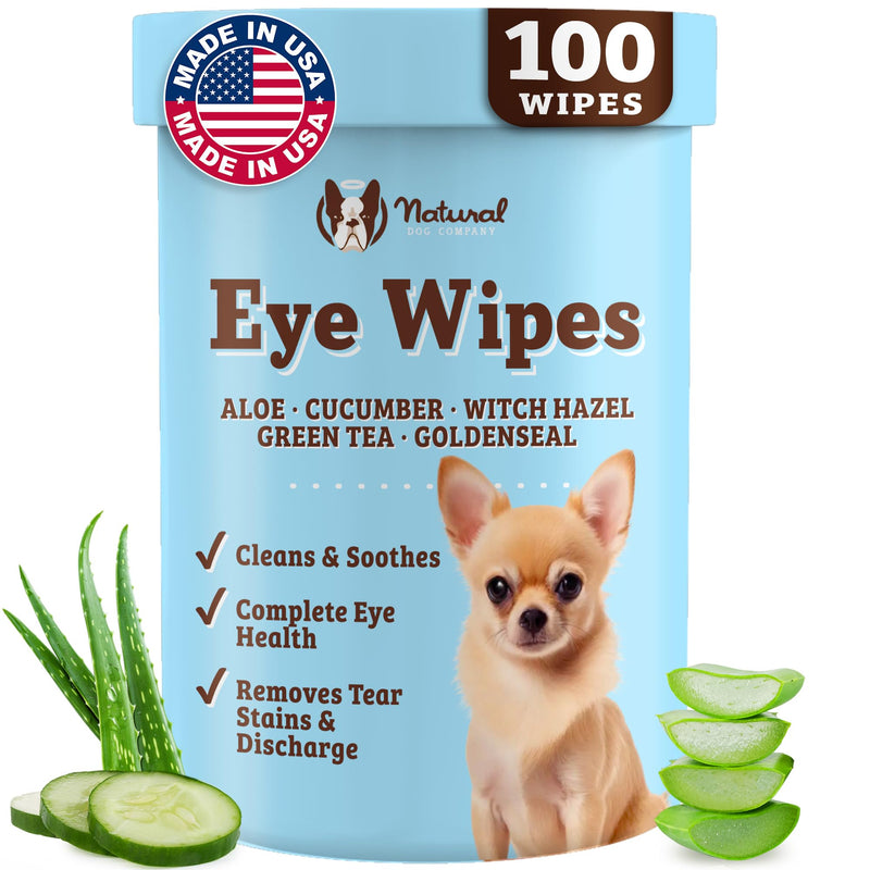 Natural Dog Company Dog Eye Wipes for Tear Stains & Eye Discharge, 100 Count – Gentle Eye Cleaning Wipes for Dogs with Aloe Vera & Witch Hazel, Removes Buildup & Eyes Gunk Eye Wipes 100 100 Count (Pack of 1)
