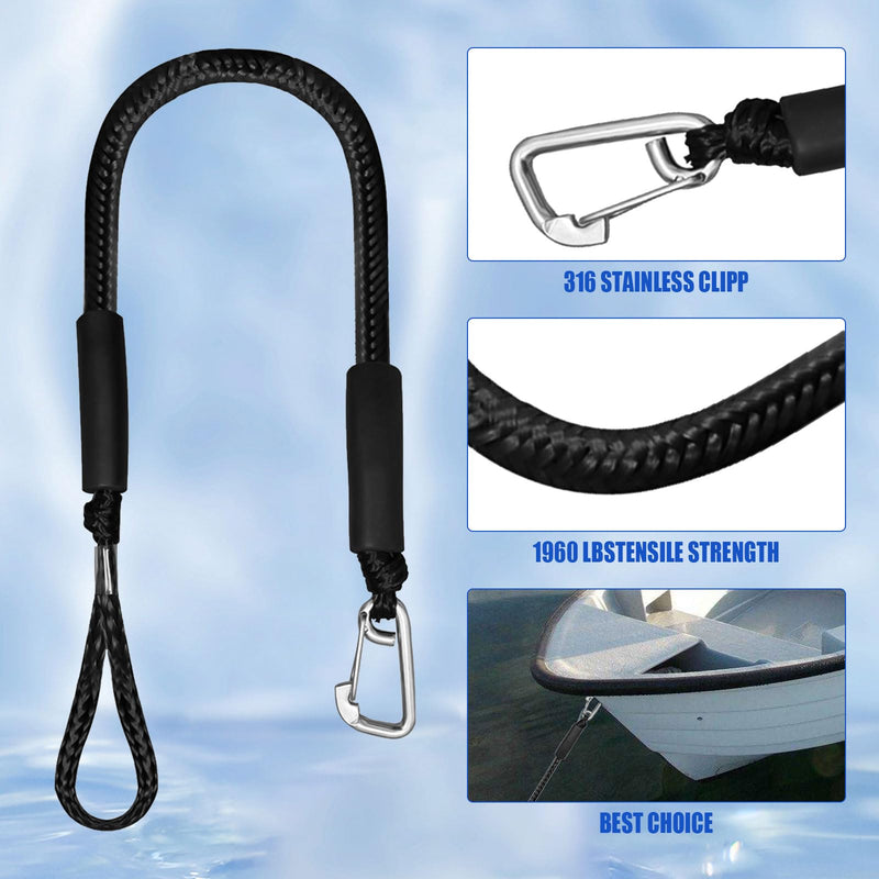 4pcs Bungee Dock Lines, 2FT Premium Bungee Boat Lines with 316 Stainless Clip for Pontoon, Canoe, Jet Ski, Sea-Doo, Kayak, Watercraft