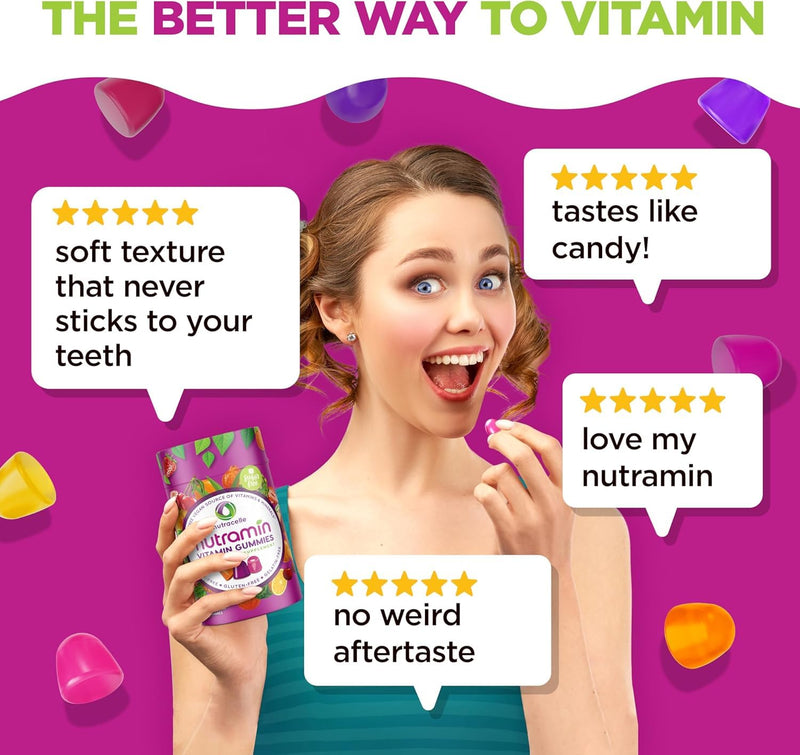 NUTRAMIN Daily Vegan Keto Multivitamin Gummies, Sugar-Free, 60 Count | Non-GMO Natural Vitamin C, D, Zinc for Immunity, Plant-Based, Nut-Free, Gluten-Free, Biotin, Vitamin A, B, B6, B12, 30-Day 60 Count (Pack of 1)