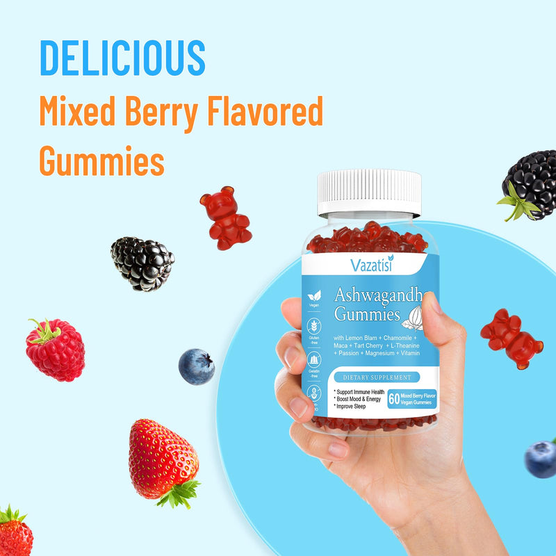 2 Pack Ashwagandha Gummies for Women Men, Sugar Free Organic Ashwagandha Gummies Supplement for Relax Restore Balance, Vegan Gluten Free, 120 Count 60 Count (Pack of 2)