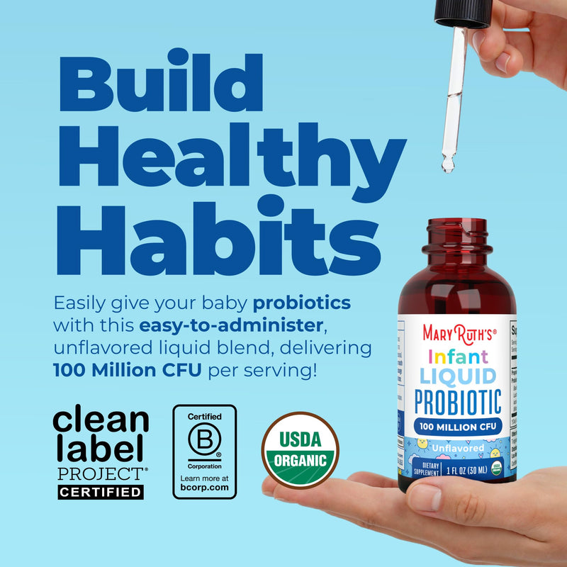 MARYRUTH'S Organic Infant Liquid Probiotic for Ages 6-12 Months, Vegan, 1oz | 100 Million CFU, 5 Probiotic Strains, Proprietary Probiotic Blend, USDA Organic, Vegan
