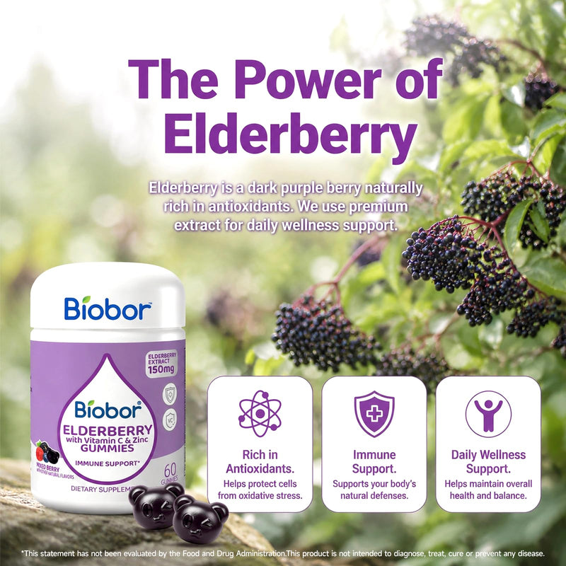 Biobor Elderberry Gummies with Vitamin C & Zinc, 150mg Elderberry, 120 Ct | 150mg Elderberry Extract, Daily Wellness Support Gummies, Vegan-Friendly, Non-GMO, Gluten Free, Mixed Berry Flavor Natural Berries 60 Count (Pack of 2)