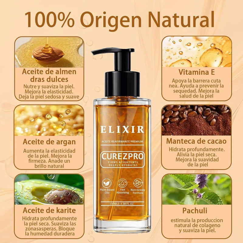 Curezpro Elixir Body Oil - Lightweight Firming & Hydrating Body Oil - 100ml | with Sweet Almond, Argan, Shea, Cocoa Butter & Vitamin E - For Dry, Dull, Mature-Looking Skin