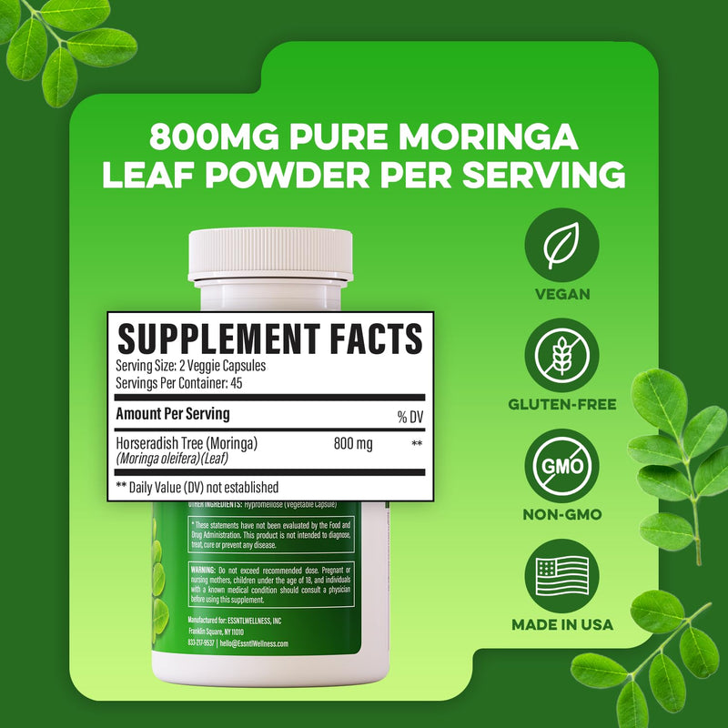 Moringa Capsules 800mg – Pure Moringa Powder Capsules Superfood for Energy, Immunity, Skin, Joint, Gut Health — Daily Nutrition & Wellness Supplement — Vegan, Non-GMO, USA Made (45-Day Supply)