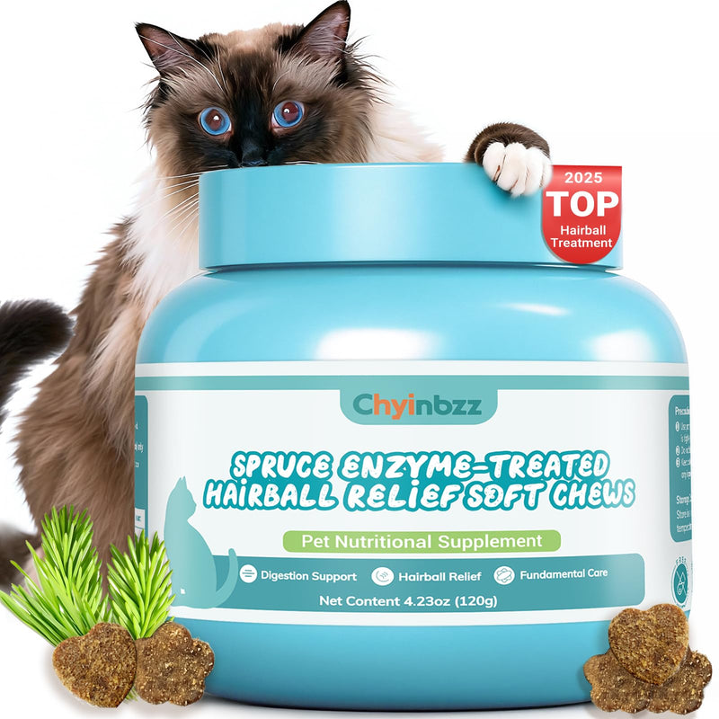 Cat Hairball Remedy Treats, Spruce Enzyme Treated Hairball Relief Soft Chews Hairball Treatment for Cats, 60 Large Particles, 120g