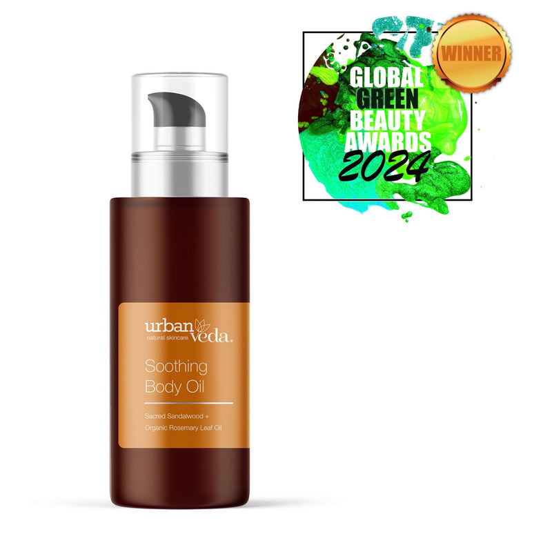 Urban Veda Soothing Body Oil | COSMOS Certified Body Massage Oil for Sensitive Skin | Organic Vitamin E Oil & Sweet Almond Oil for Skin | Calming and Soothing Body Oil for Women and Men | 3.40 Fl oz Sandalwood & Rosemary Oil