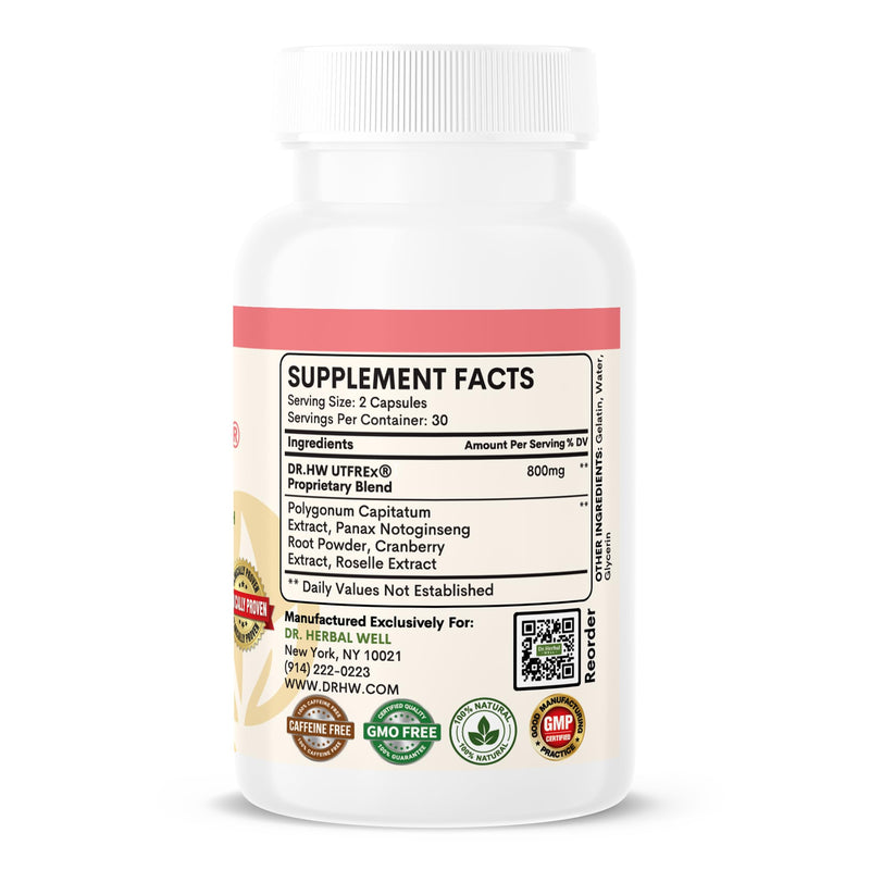 DR. HERBAL WELL UTFREX Clinically Proven Urinary Tract UTI Health Supplement Natural Support Cleanse Flush Protect (No Probiotics & D-Mannose) – 60 Capsules