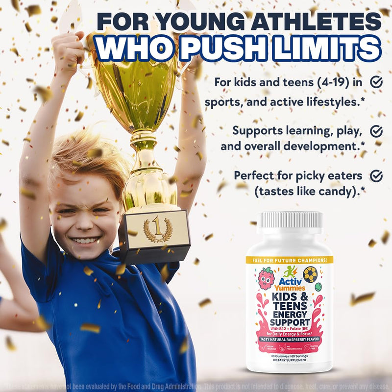 Kids & Teens Energy Support with Vitamin B12 + Folate (B9) - Supports Energy Production, Brain Function & Metabolism - Gluten Free - Raspberry Flavor - Soft Chew 60 Gummies (60 Servings)
