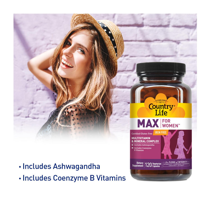 Country Life MAX for Women Multivitamin, Iron Free, 120 Capsules | Supports daily energy metabolism with coenzymated B forms, ashwagandha and key minerals