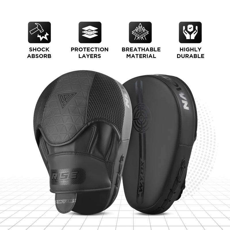 WYOX Boxing Focus Mitts & Punching Pads for Training | Curved PU Leather Hand Target for Muay Thai, Kickboxing, MMA, Karate & Taekwondo | Durable Strike Pads for Men & Women Plain Black