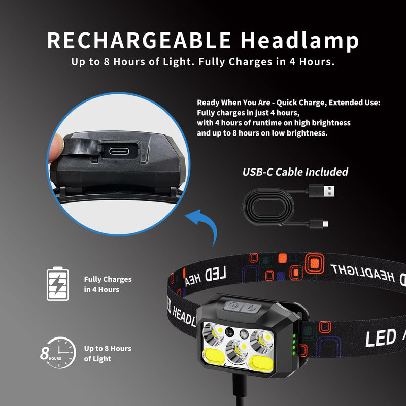 Rechargeable LED Headlamp 3-Pack, 800 Lumens, USB-C, IPX4 Waterproof, 8 Modes, Red & White Light — Lightweight, Adjustable; for Camping, Hiking, Running, Fishing & Repairs Black
