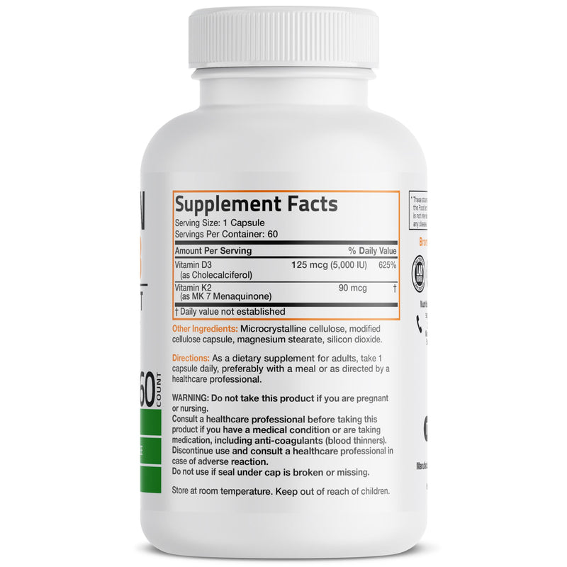 Bronson Vitamin K2 D3 (MK7) Supplement 2-in1 D3 & K2 Complex, 60 Capsules | Bone, Immune & Heart Health Support, Gluten Free, Soy Free, Non-GMO, Vitamin D3 5000IU (125 mcg) & 90 mcg K2 MK-7 60 Count (Pack of 1)