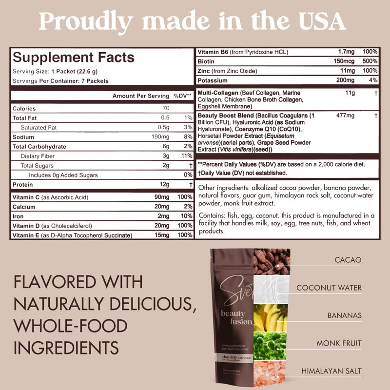 Hydrolyzed Multi Collagen for Women + Vitamins, Biotin, Hyaluronic Acid, CoQ10, Probiotics, Zinc | Keto Chocolate Protein Drink Powder (7 Travel Packs) Hair, Skin, Beauty Supplement by Svete Chocolate Coconut - Packets