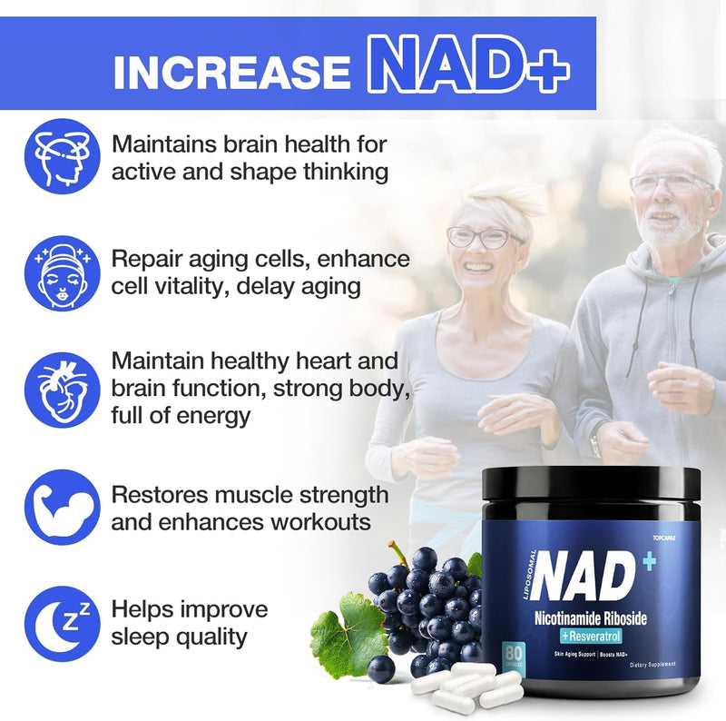 NAD+ Supplement - NAD Nicotinamide Riboside Resveratrol, Liposomal NAD+ Supplement 1000mg for for Women & Men - Healthy Aging, Brain and Cellular Energy, Non-GMO, 80 Capsules