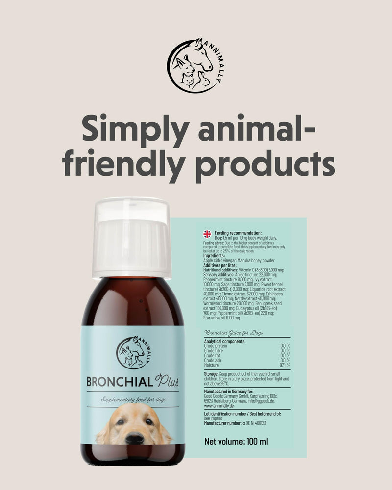 Annimally Bronchial Plus for Dogs 100 ml Liquid Supplement | Liquid with fenugreek, thyme, echinacea, fennel, sage, vitamin C & manuka honey, respiratory support, made in Germany