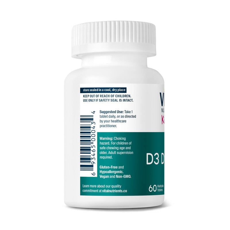 Vital Nutrients D3 Dynamo | Kids' Vitamin D | Dissolvable Vitamin D Supplements | Sugar-Free, Gummy-Free Cherry Flavor Melts | Vegan, Dairy, Gluten Free | 60 Servings