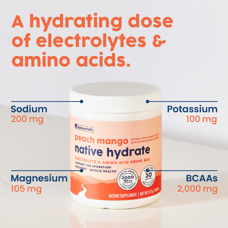 NativePath Native Hydrate, Zero Sugar, Electrolytes Powder with BCAAs, Peach Mango Hydration, Keto & Paleo Friendly, 30 Servings (Pack of 2) 9.63 Ounce (Pack of 2)