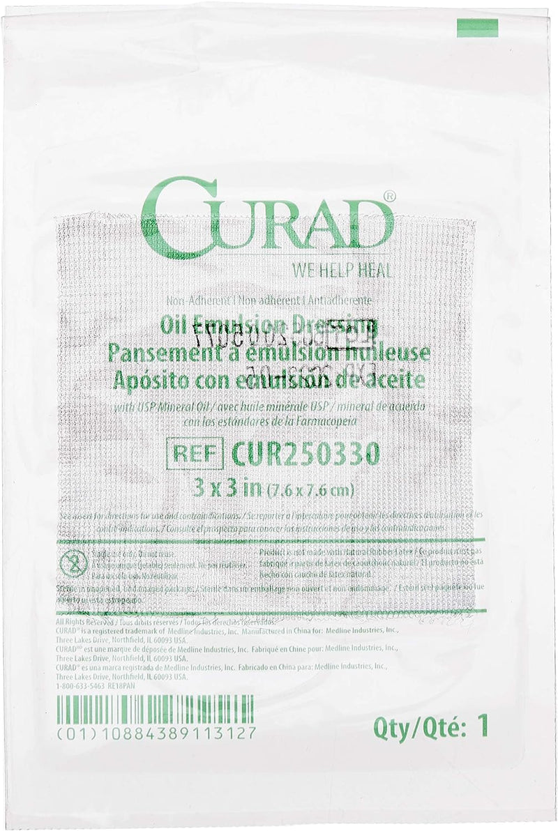 Curad Sterile Oil Emulsion Non-Adherent Gauze Dressing, 3x3 inches, for Minor Burns, Abrasions, 50 Count (Pack of 1)