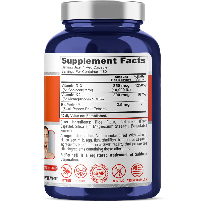 Vitamin D3 & K-2, 10000 IU, Non-GMO, 200mcg, 180 Veg Caps - 180 Servings | Dietary Supplement Formula, Added BioPerine, Suitable for Adults, Vegan, Manufactured in a cGMP Registered Facility USA