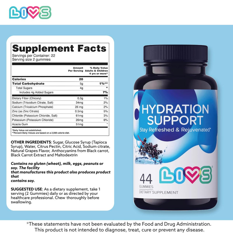 LIVS Electrolyte Gummies for Hydration Support & Post Workout Recovery – Mineral Supplement with Calcium, Sodium, Potassium and Zinc – Vegan, Halal, Kosher – Grape Flavor – 44 Count – Made in USA Pack of 1