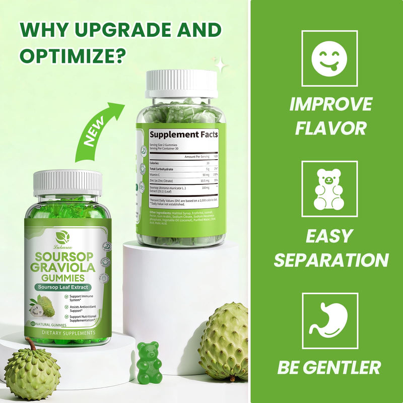 (2 Pack) Soursop Gummies - Soursop Leaves Concentrated Extract for Immune | Herbal Extracts w/Vitamin C, Zinc & Natural Food for Liver, Calming & Antioxidant, Sugar Free, Gluten Free, Vegan, 60 Gummies 60 Count (Pack of 2)
