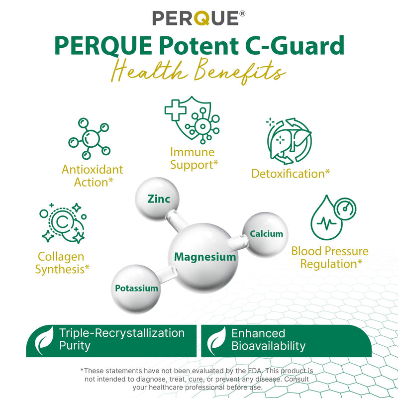 PERQUE Buffered Vitamin C Ascorbate Powder - pH Balanced, Vegetarian, Allergen-Free Vitamin C Supplement - Fast-Acting Antioxidant Support -Effervescent Powder with Magnesium, Potassium & Zinc - 16 oz