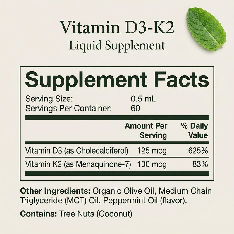 Vitamin D3 + K2 Drops, 5000 IU D3, 100 mcg K2 MK-7, Peppermint Flavor, Liquid Tincture with Organic Oils, Non-GMO, Gluten-Free, 1 fl oz