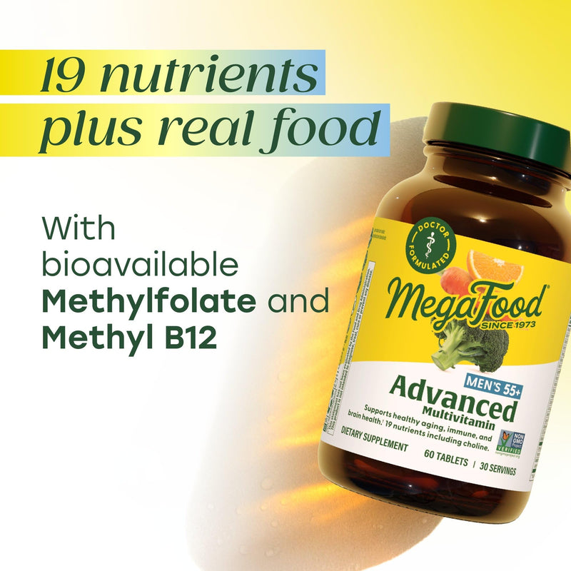 MegaFood Advanced Multivitamin for Men 55+ Doctor Formulated, 120 Tablets | For Healthy Aging, Immune Support, Bone and Brain Health, Choline, Methylated B12, Methylfolate, Vegetarian, 60 Servings 120 Count (Pack of 1)