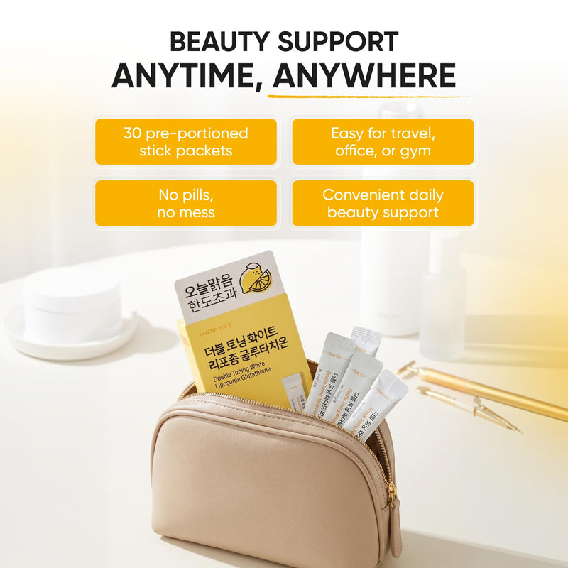 Liposomal Glutathione - Korean Beauty Drink for Glowing Skin, 30 Sticks | 500mg Vitamin C, 500mg Fish Collagen & Biotin for Radiant, Even-Looking Skin - Lemon-Lime Drink Mix