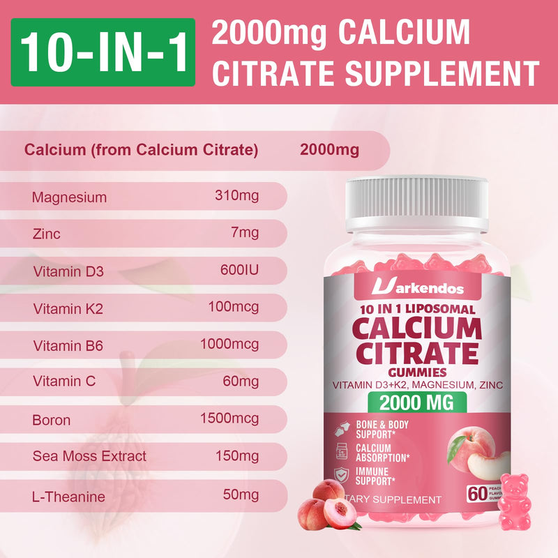 Liposome 2000MG Calcium Citrate with Vitamin D3 K2, Magnesium, Zinc and VC, 10-in-1 Calcium Gummies for Women and Men, Bone, Muscle, Immune Support & High Absorption, Peach Flavor Gummies, 2 Pack