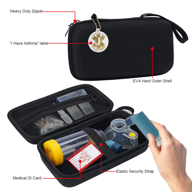 MGZNMTY Travel Carrying Case Compatible with Asthma Inhaler Spacer for Adults and Children, Masks, Inhaler Holder with Asthma Alert Tag and Medical Card, Carabiner (Only Case) (Black) Black - BeesActive Australia