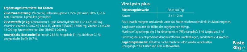 almapharm ViroLysin Plus | 30g | Supplementary food for cats | Paste to put in the mouth | Vital substances that can support the immune system | With zinc - BeesActive Australia