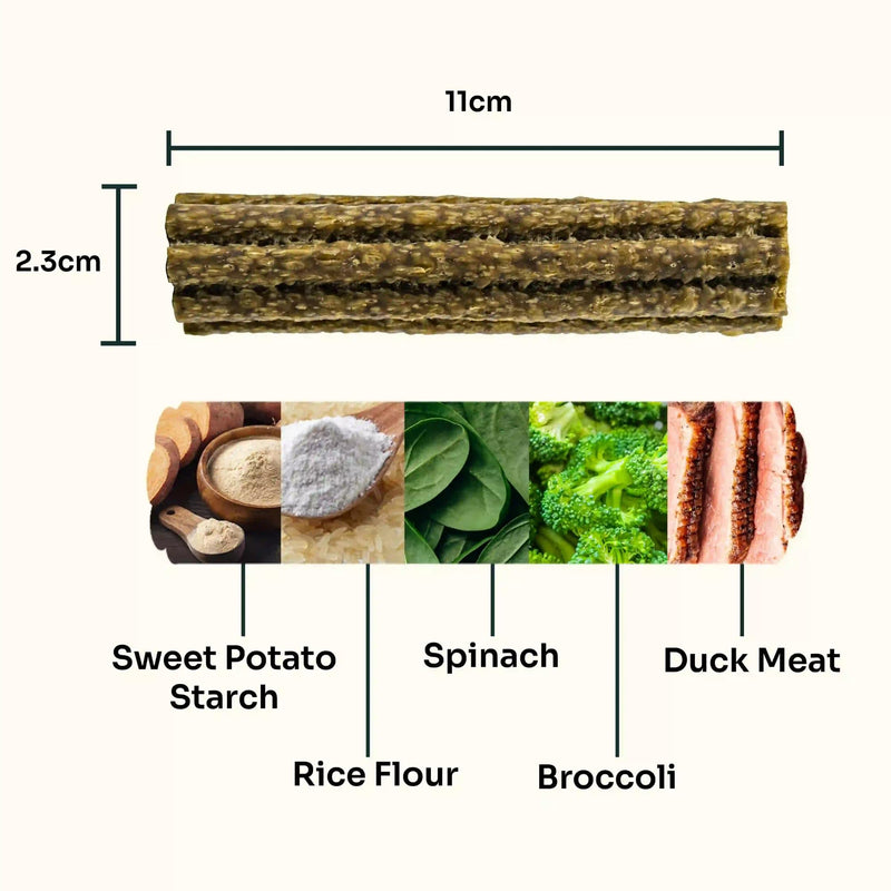 Notti Dental Chews for Medium to Large Breed Dogs – Plaque & Tartar Control Dental Stick, Teeth Cleaning Oral Care Treats, Fresh Breath & Healthy Gums – Duck, Spinach & Broccoli