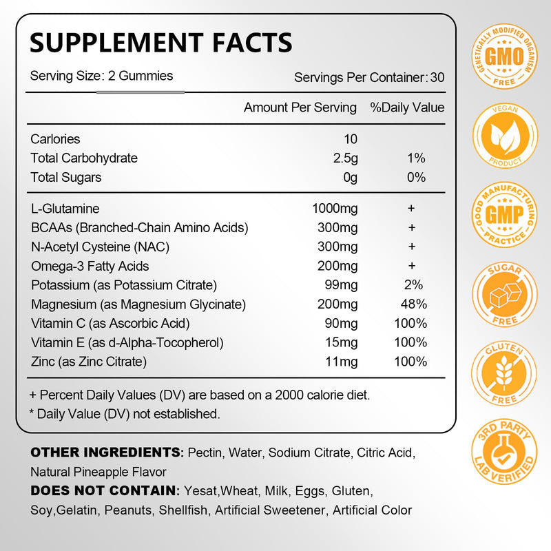 2 Pack L-Glutamine Gummies 1000mg, Glutamine Supplement for Women & Men, with BCAAs, Magnesium & NAC, Support Gut, Muscle Health & Immunity, Vegan, Non-GMO, Gluten Free, Keto Friendly, 120 Count 60 Count (Pack of 2)