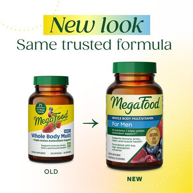 MegaFood Whole Body Multivitamin for Men with 25 Nutrients, 60 Capsules | Mens Multivitamins for Immune, Brain, Heart & Muscle Health, CoQ10, Vitamin D3 K2, Magnesium Citrate, Boron, 30 Servings