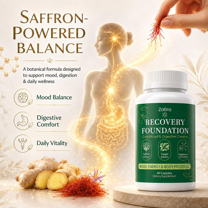 Zafira Organics Recovery Foundation Capsules, Saffron Extract Supplement with L-Theanine, Myo-Inositol, Magnesium Bisglycinate & Ginger for Mood, Focus & Daily Wellness Support, 60 Capsules