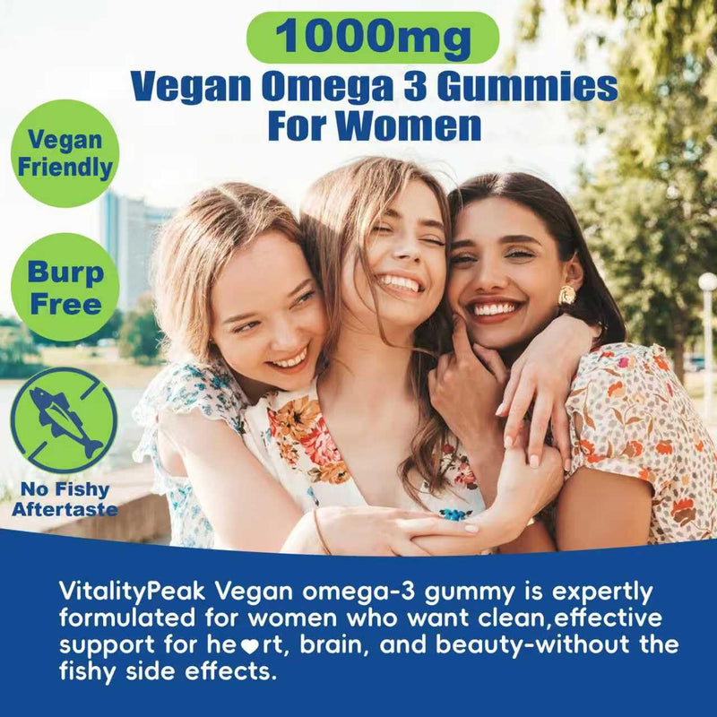 Vegan Omega 3 Gummies 1000mg - Algae Omega 3 Supplement for Women & Men with CoQ10, Vitamin D3, K2 & Turmeric - Fish Oil Alternative for Adults with DHA EPA for Brain, Eye- Sugar Free, 60 Count 60 Count (Pack of 1)