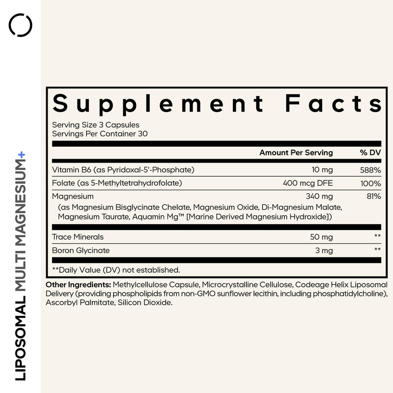 Codeage Liposomal Multi Magnesium, 5 Forms, Vitamin B6, Folate, 90 Capsules | Five magnesium forms 340 mg (bisglycinate, malate, taurate, oxide, Aquamin) with B6, folate and boron. Vegan, non-GMO.