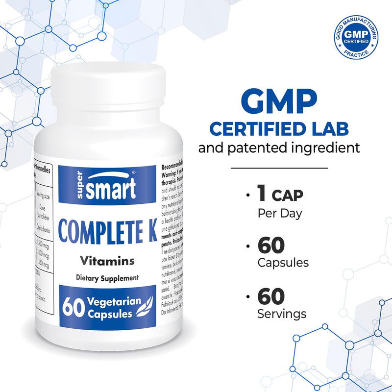 Supersmart - Complete K - with K1, K2 (MK4 + MK7) - Full Spectrum Vitamin K Supplement | Non-GMO & Gluten Free - 60 Vegetarian Capsules - BeesActive Australia