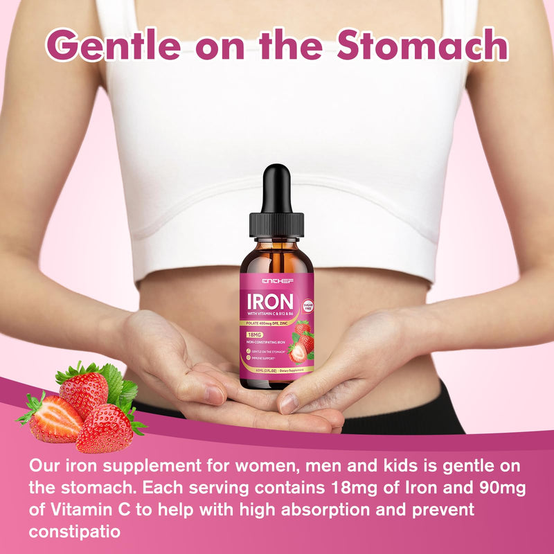 2 Pack Liquid Iron Supplement for Women & Men 18mg with Vitamin C, B12, B6, Folate & Zinc | High Absorption Ferrous Bisglycinate Chelate, Natural Strawberry Flavor, Sugar-Free, Anemia & Energy Support 2 Fl Oz (Pack of 2)