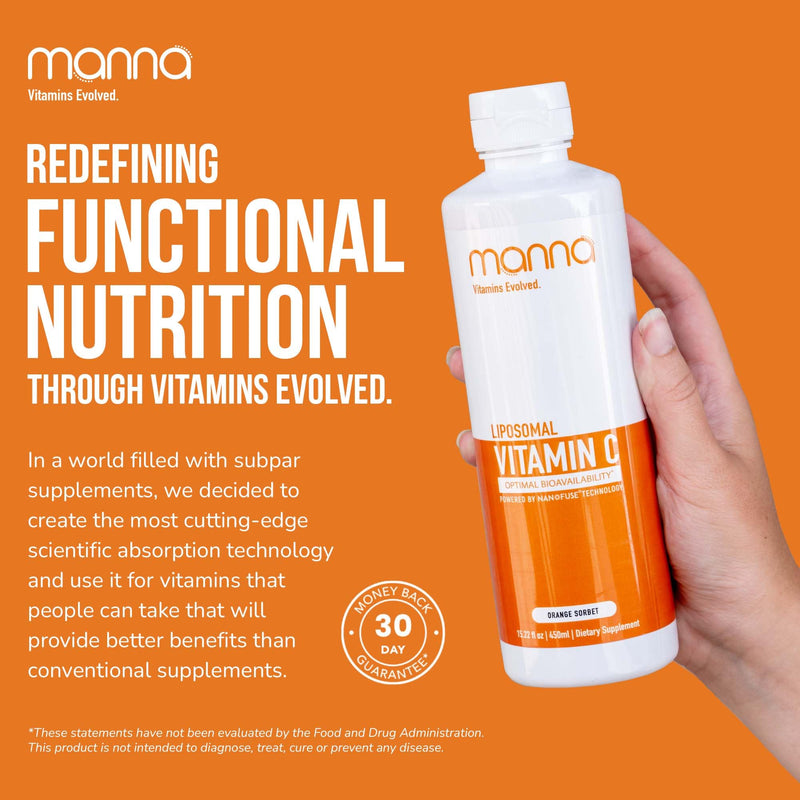 Manna Vitamins Evolved - Liposomal Vitamin C – High Absorption Liquid Immune Support Supplement with Antioxidants – Collagen Booster for Skin, Joints, Heart & Aging – Non-GMO, Vegan, 1000mg