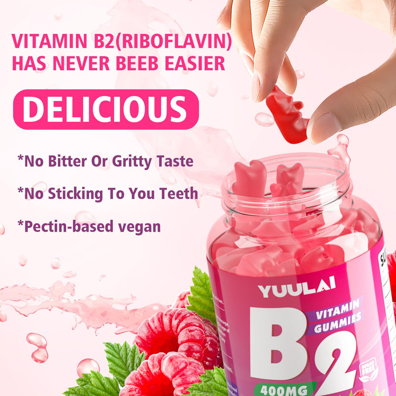 Vitamin B2 Gummies 400mg | Riboflavin Supplement with Magnesium for Kids & Adults, B2 Gummies for Migraine Relief, Nervous System & Skin Health, Vegan, Sugar-Free, Raspberry Flavor, 60 Count 60 Count (Pack of 1)