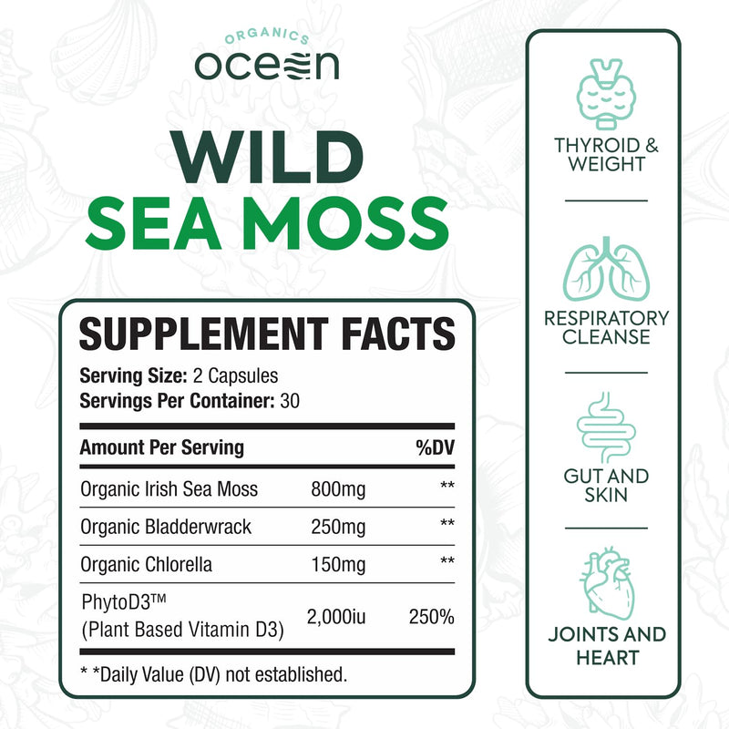 Organics Ocean Wild Sea Moss Capsules - 100% Organic Irish Sea Moss with Organic Chlorella, Bladderwrack and Vitamin D for Energy, Lung Health and Thyroid Support for Women and Men - 60 Capsules 60 Count (Pack of 1)